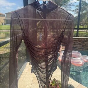 Windsor Sheer Ruched Long Sleeve Bodysuit - Brown